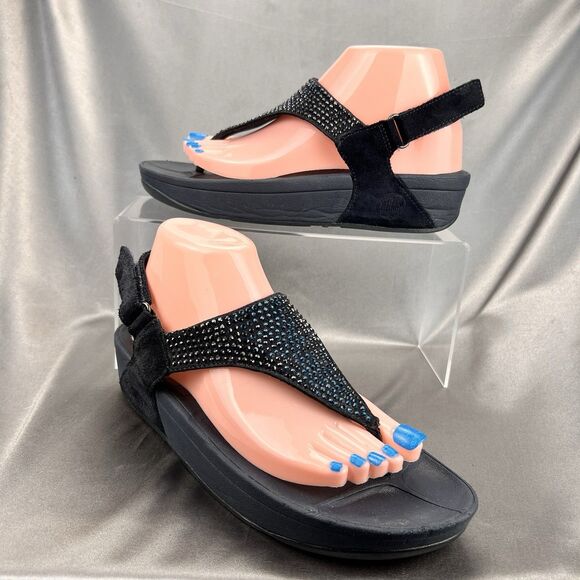 Fitflop Rokkit Navy Blue Crystal Toe Post Sandals Womens 8 Adjustable Strap Shoe - Picture 1 of 17